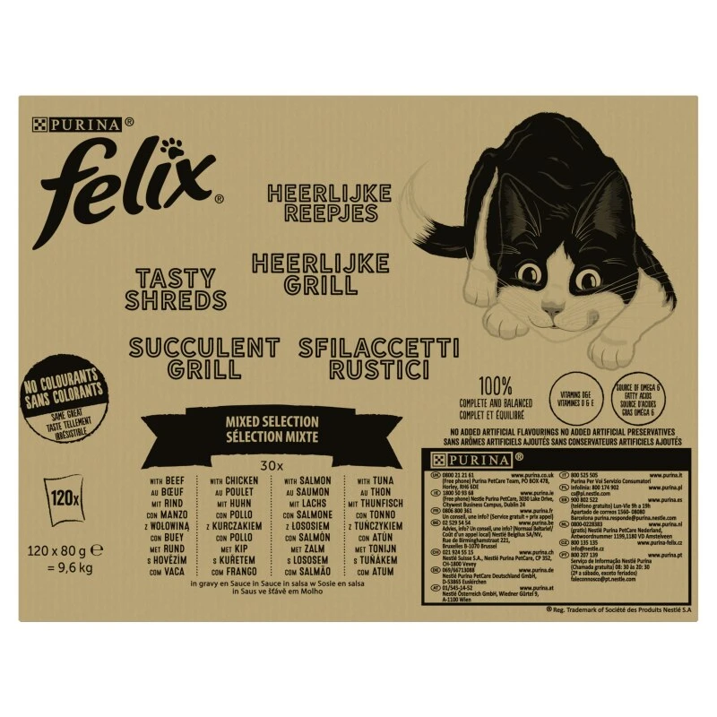 Felix Tasty Shreds Succulent Grill Mixed Selection Wet Cat Food - 120 X 80g 3 Felix Tasty Shreds Succulent Grill Mixed Selection Wet Cat Food - 120 X 80g