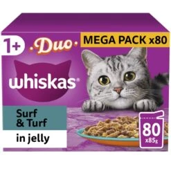 WHISKAS 1+ Duo Surf And Turf Adult Wet Cat Food In Jelly Pouches - 80 X 85g