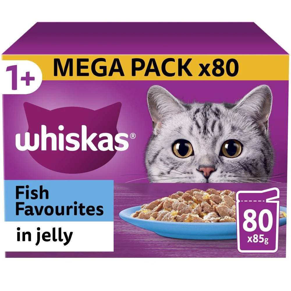 WHISKAS 1+ Fish Favourites Adult Wet Cat Food In Jelly Pouches - 80 X 85g 3 WHISKAS 1+ Fish Favourites Adult Wet Cat Food In Jelly Pouches - 80 X 85g